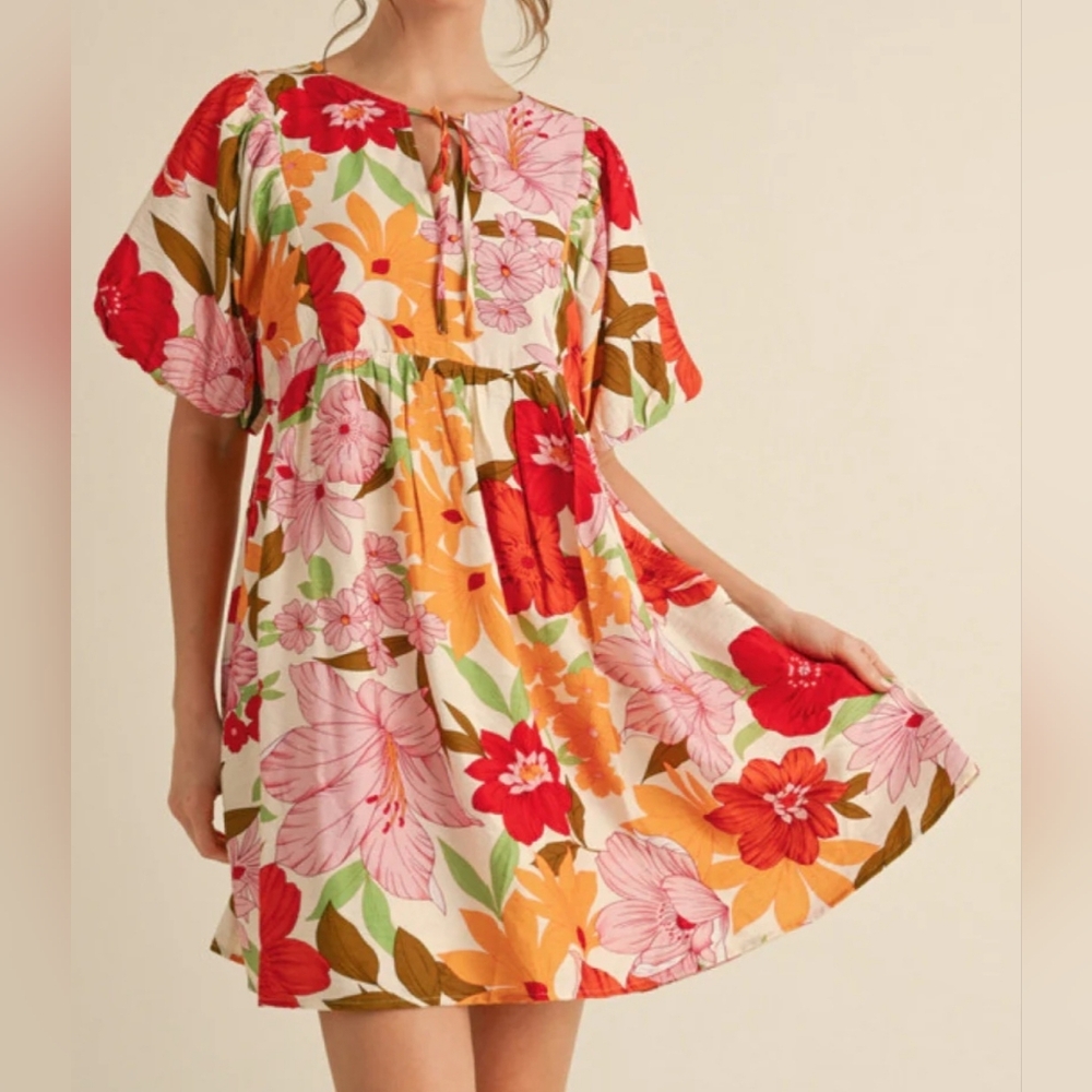 Jodifl Floral Puff Sleeve Babydoll Mini Dress Ivory Red Orange Boho Tunic Size S